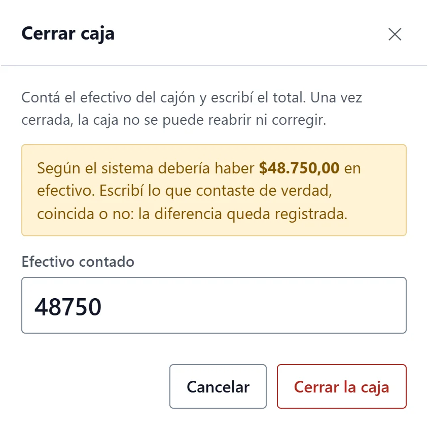 Ventana para cerrar la caja: según el sistema debería haber $48.750 en efectivo, y el campo para escribir el efectivo contado.