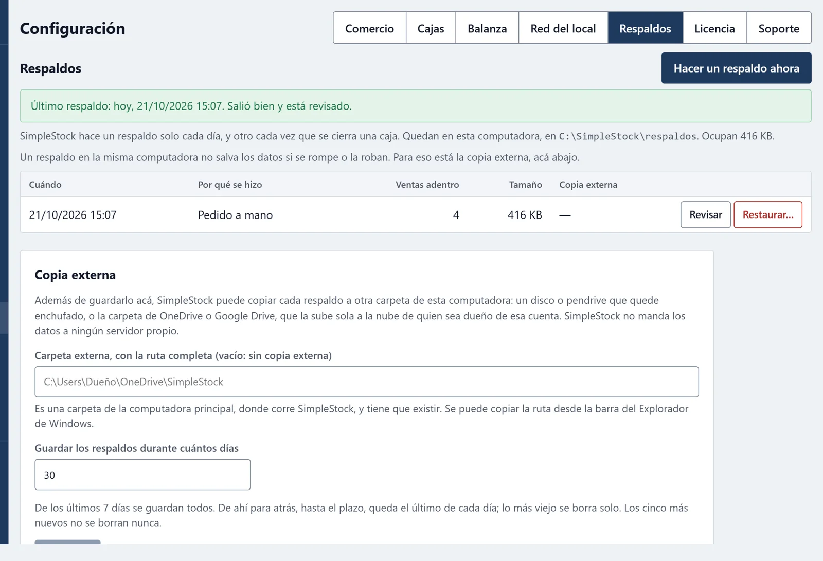 Configuración de respaldos: el último respaldo revisado y la carpeta de la copia externa.