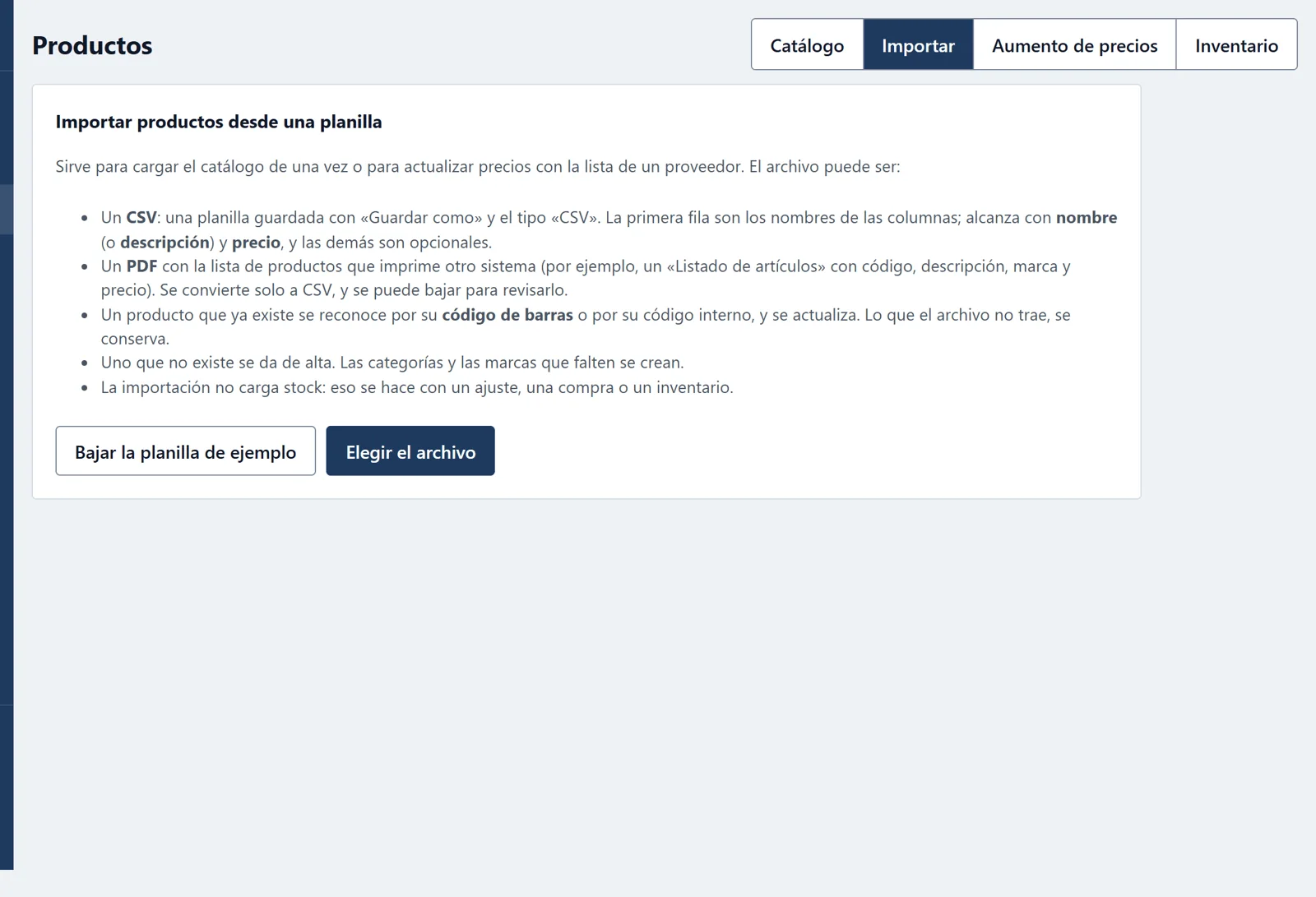 Pantalla para importar productos desde una planilla CSV o desde el PDF de otro sistema.