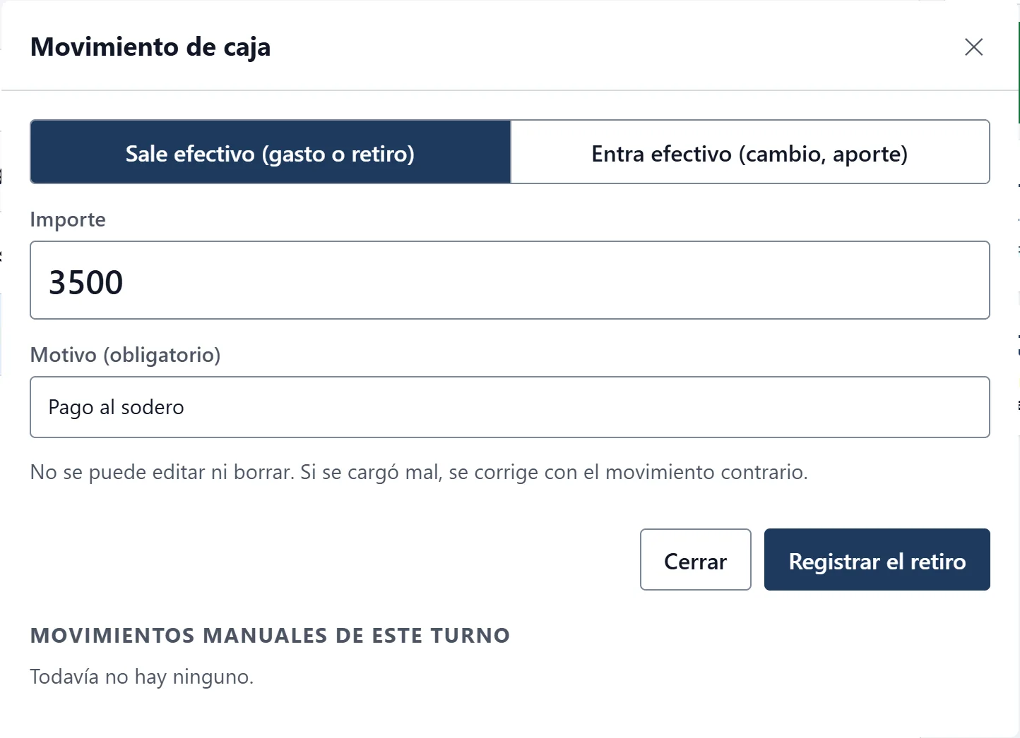 Ventana de movimiento de caja: un retiro de $3.500 para pagarle al sodero, con su motivo.