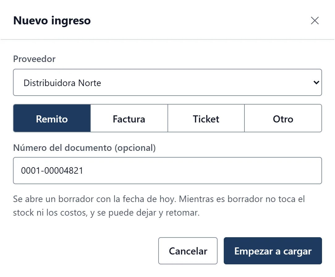 Ventana para empezar un ingreso de mercadería: el proveedor, el tipo de papel y su número.