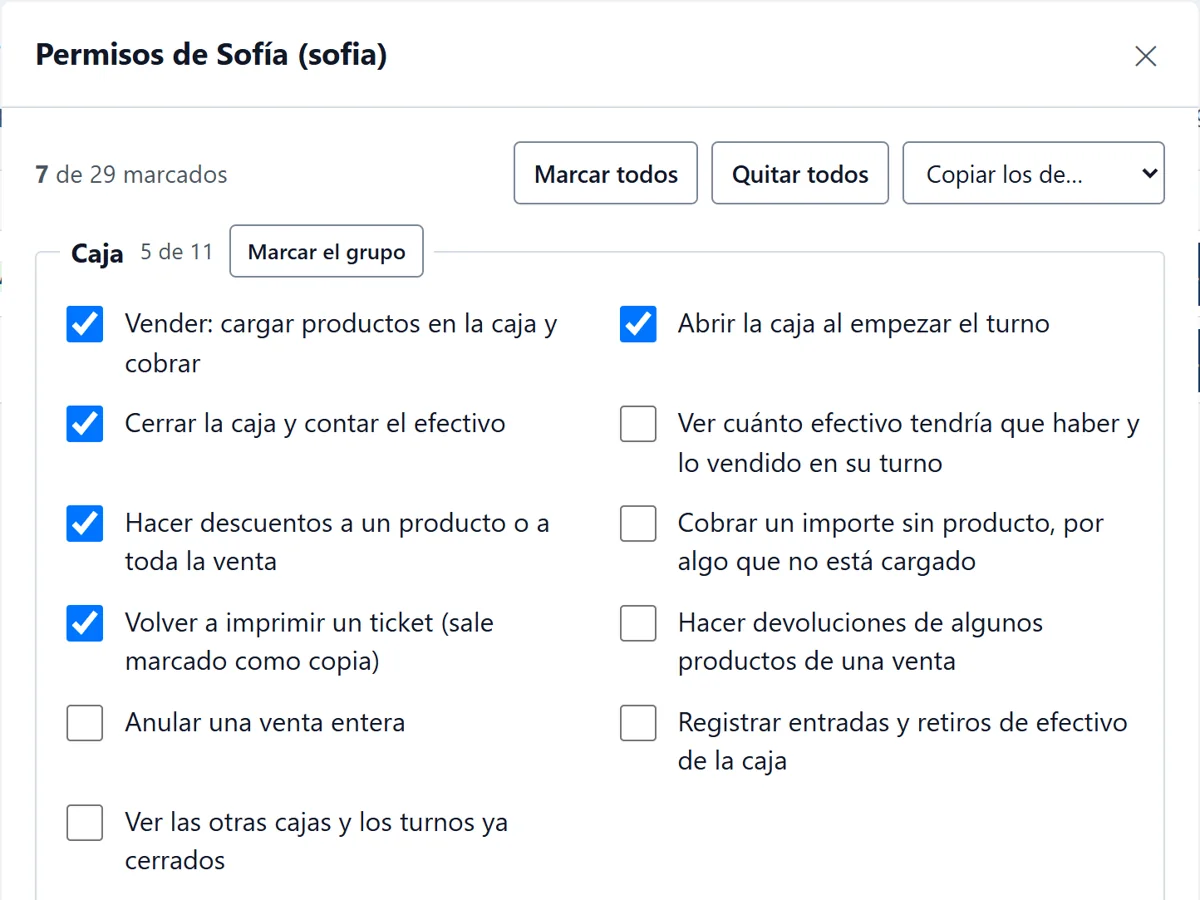 Permisos de un usuario, marcados uno por uno.
