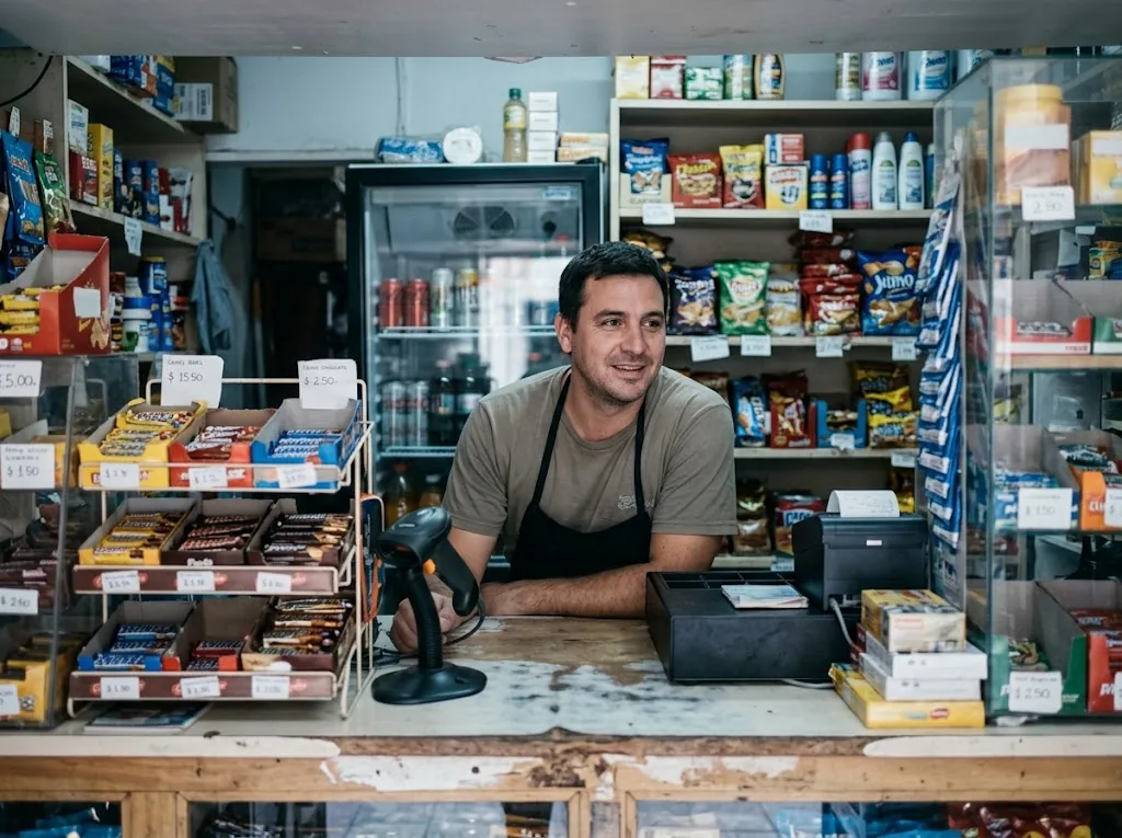 Mostrador de un kiosco con golosinas, heladera de bebidas, lector de códigos e impresora de tickets.